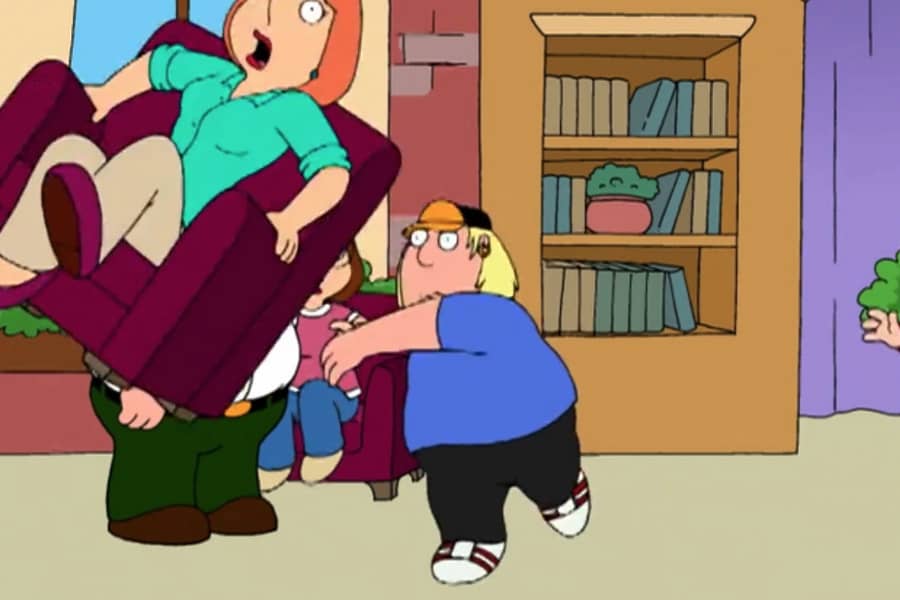 Chris Griffin throwing Lois and her armchair across the stage