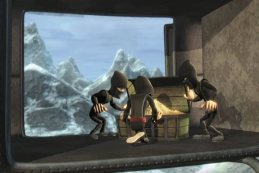 ninjas in a helicopter looking at a treasure chest