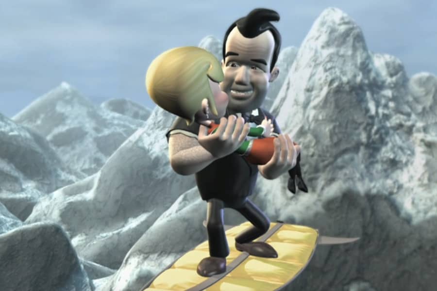 Jet Fusion on a flying surfboard and carrying a woman