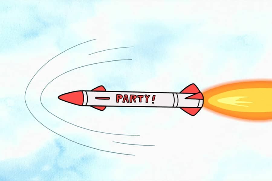 missile with “party” on the side flying through the air