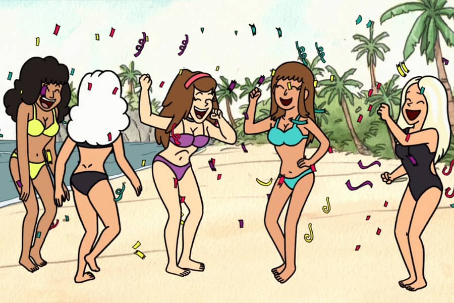 women in bikinis partying on the beach with confetti falling