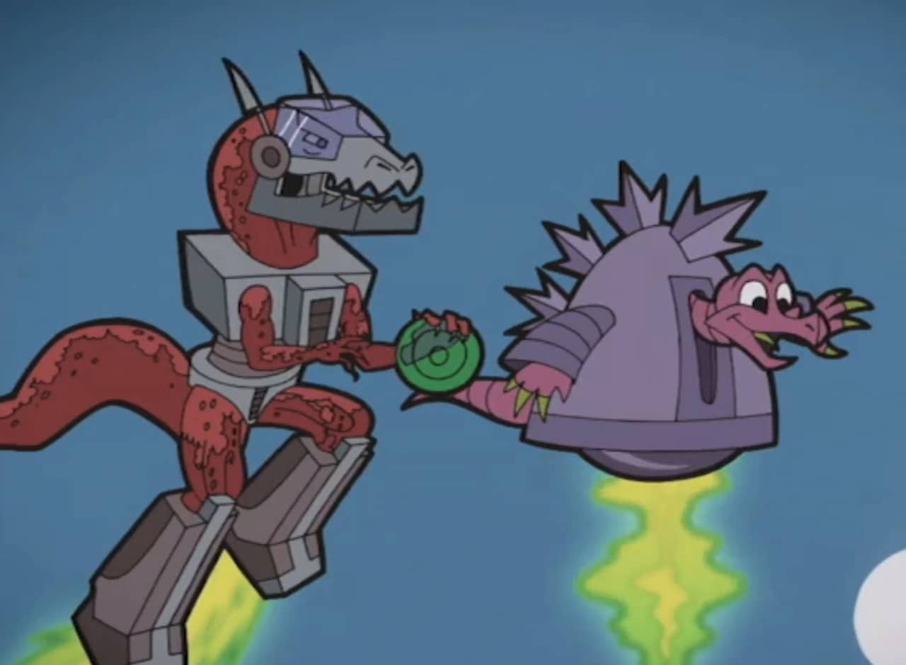 Tex, a mechanical T-Rex, and  Lazlow, a mechanical Stegosaurus, flying in the air