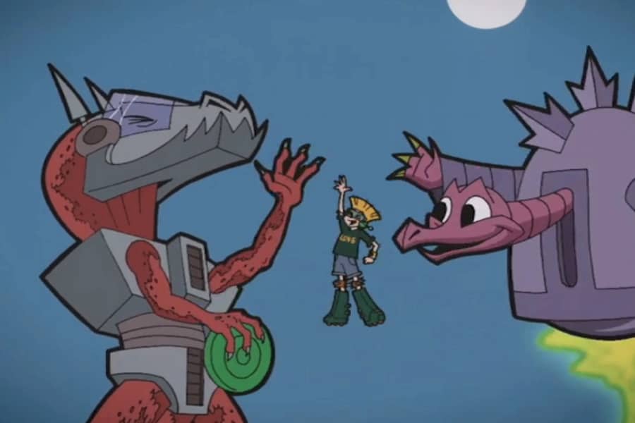 Professor Gaylord, Tex, and Lazlow all about to give a high five