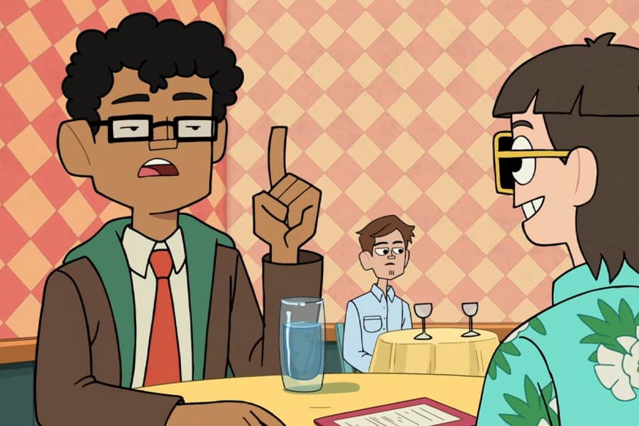 Dirk’s roommate talking at a cafe