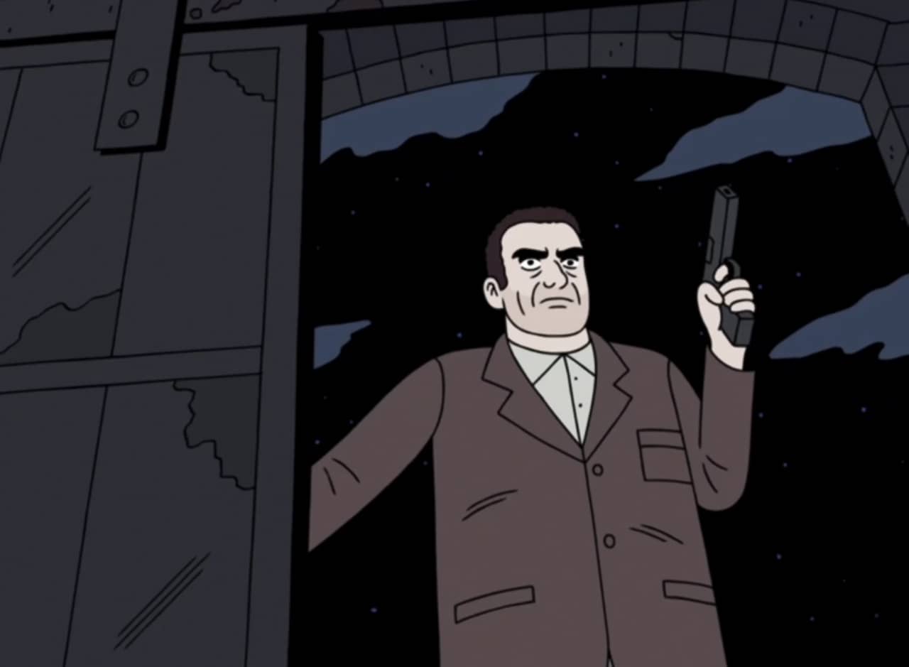 Detective Brock opening the door to a warehouse, gun raised