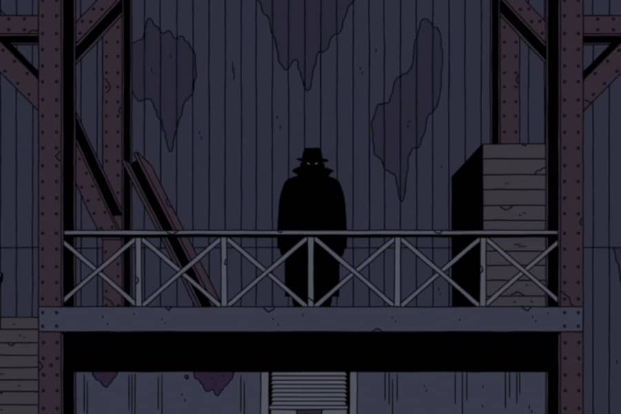 a mysterious figure stands in the darkness of the warehouse