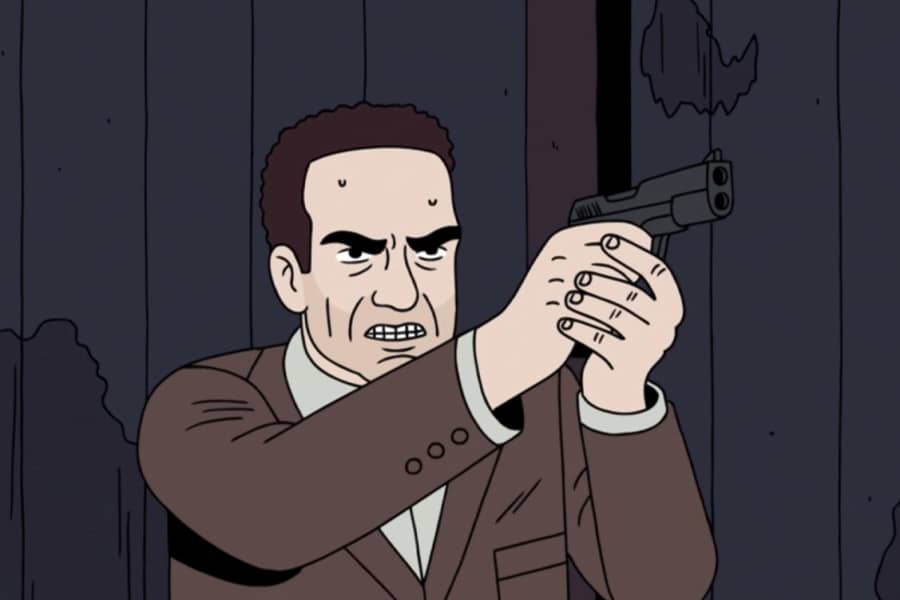 Detective Brock is sweaty, pointing his gun