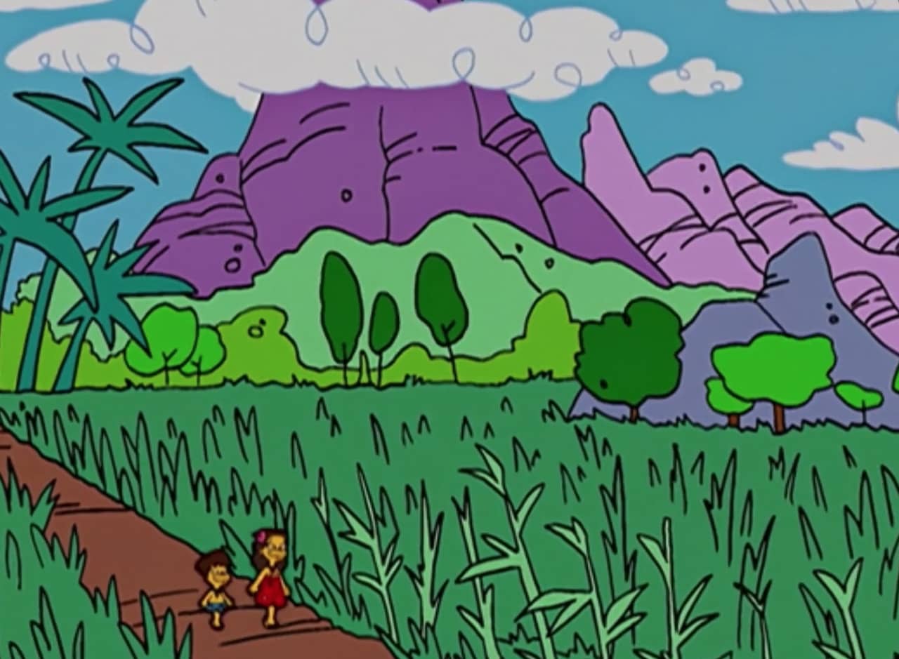 wide shot of big purple mountains and green landscape with two kids walking down a path