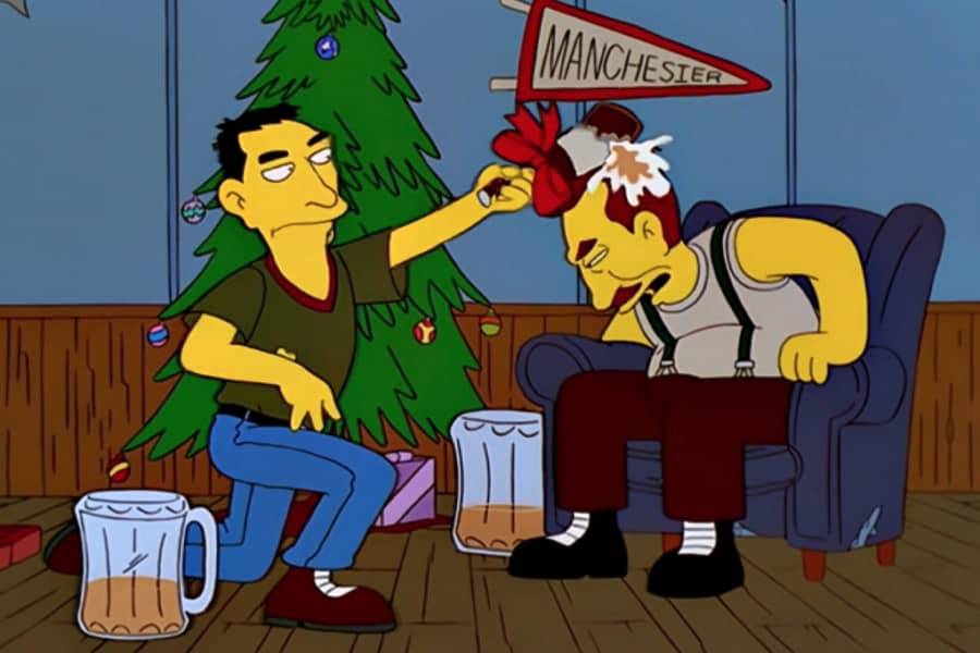 one guy smashing the other guy on the head with the beer bottle