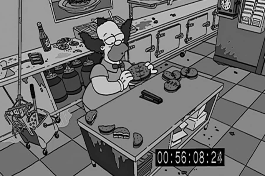 security footage of Krusty stapling a burger back together