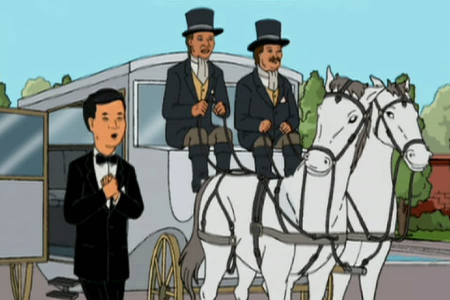 Dr. Money walking out of a horse-drawn carriage driven by two men in top hats