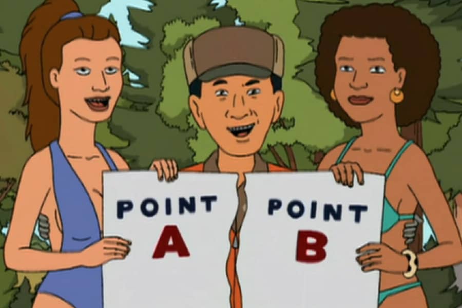 Dr. Money with two hot ladies holding a torn up sign with “Point A” and “Point B” printed on each piece