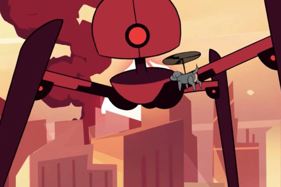 dogcopter flies toward the giant robot