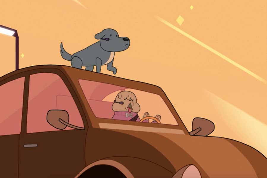 a dog drives a car with another dog (dogcopter) on the roof