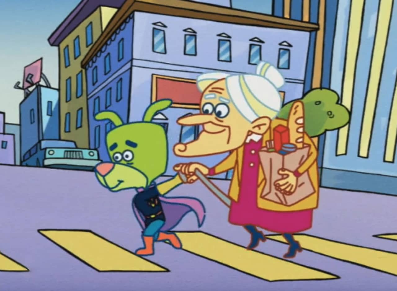 Doodle Dog helping an old lady with groceries cross the street