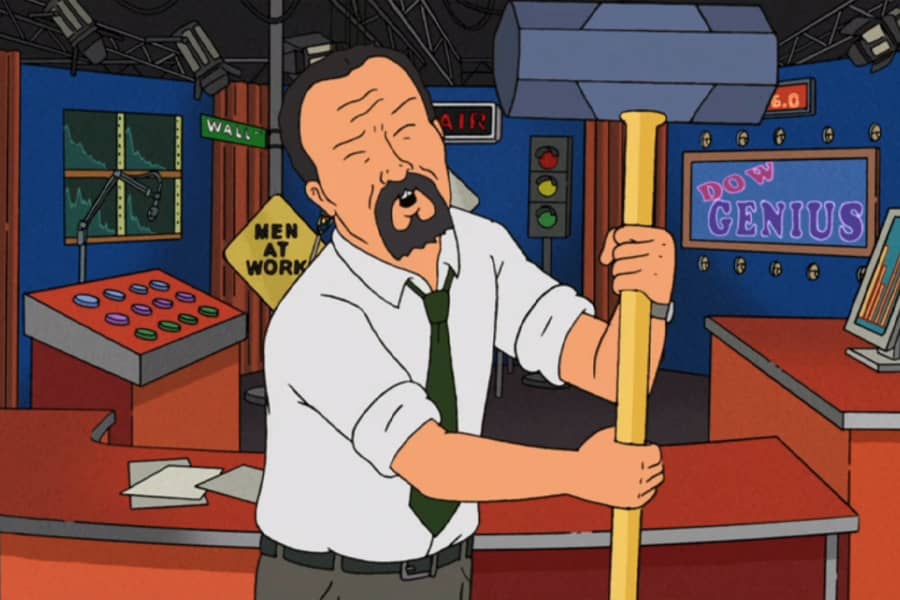 Dow Genius hitting his head with a big mallet