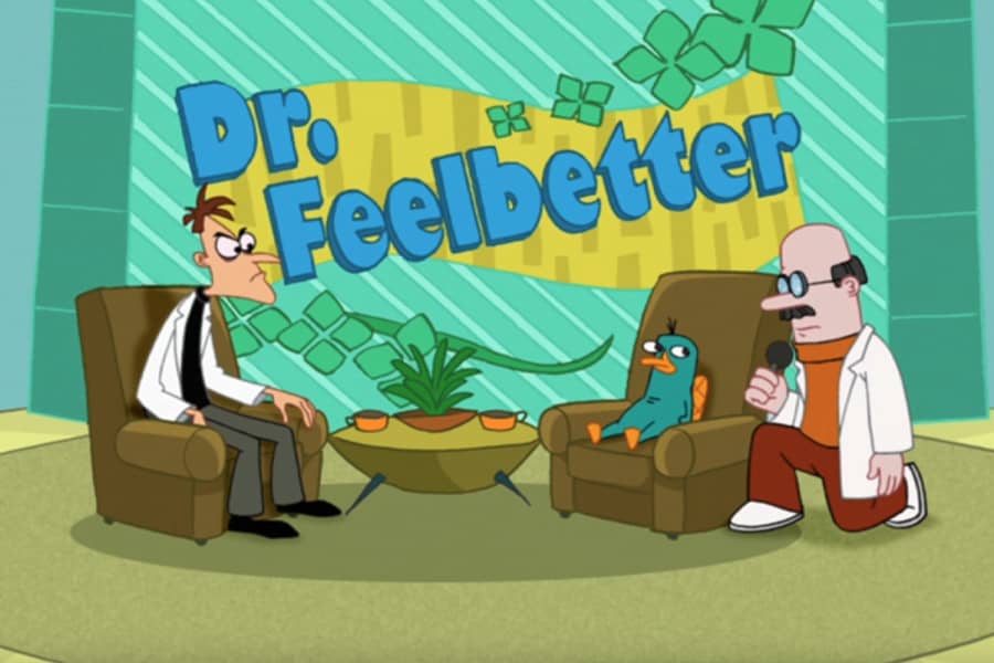 Dr. Feelbetter kneeling to talk with Perry the platypus