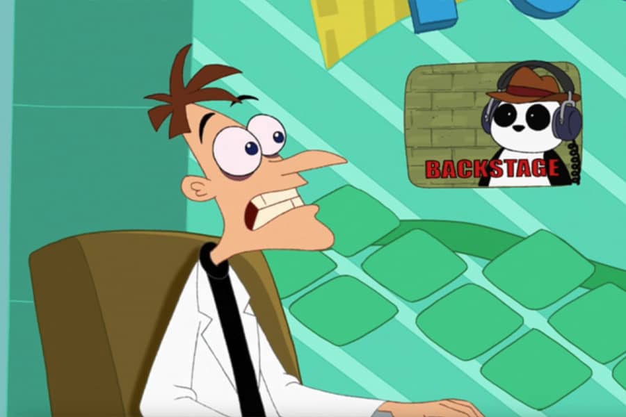 Dr. Doofenshmirtz grimacing, finding out that Peter the panda is backstage