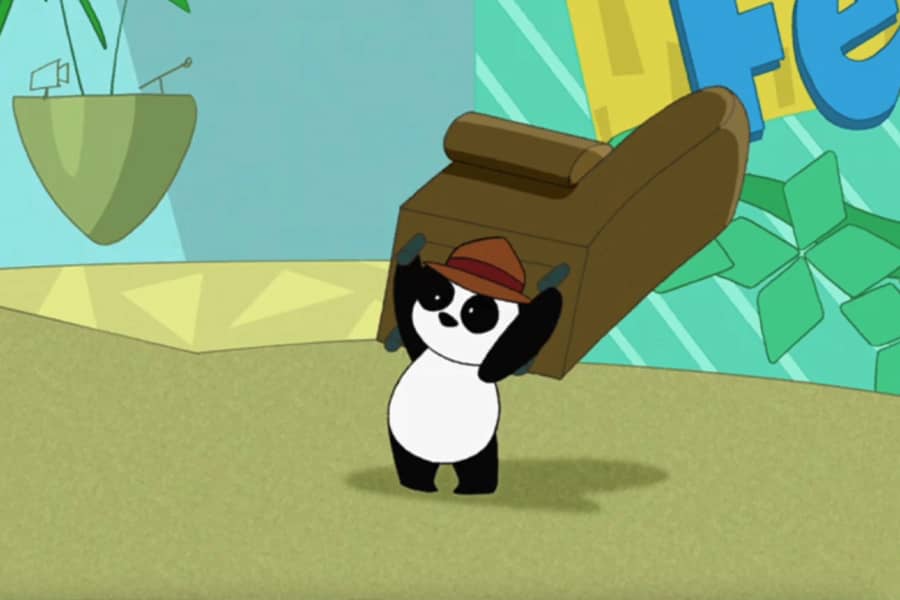 Peter lifting up a chair to throw it