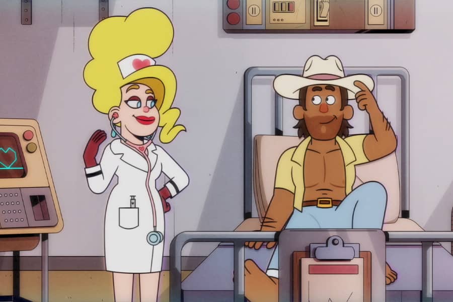 Dr. Love and a cowboy patient who is eying her seductively