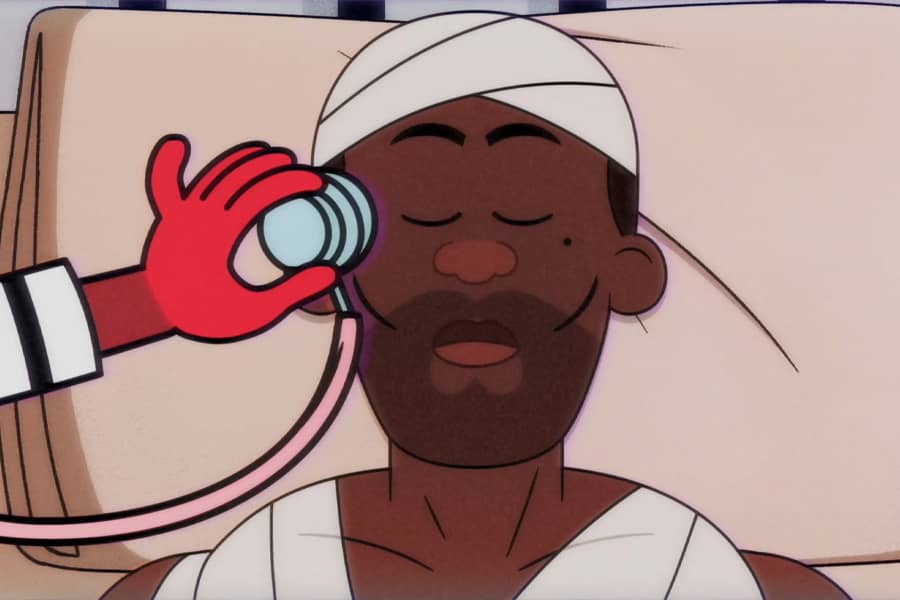 Dr. Love putting a stethescope against an unconscious patient’s temple