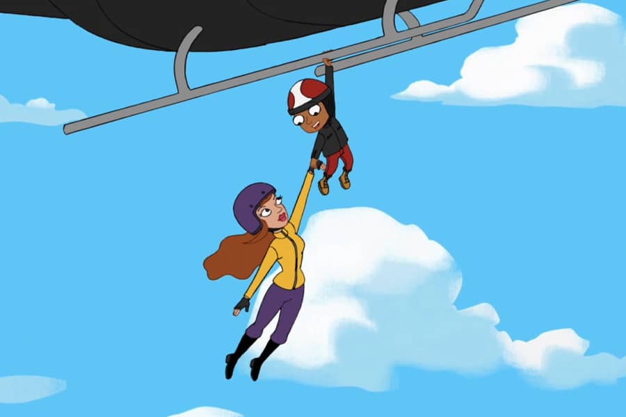 Dr. Baljeet hanging from a helicopter and holding onto a dangling woman