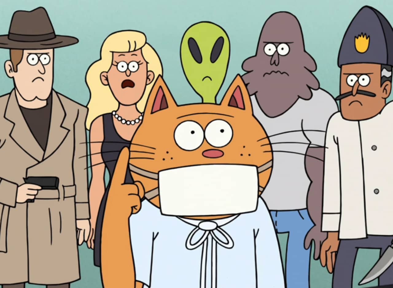 cat doctor in front of people and an alien
