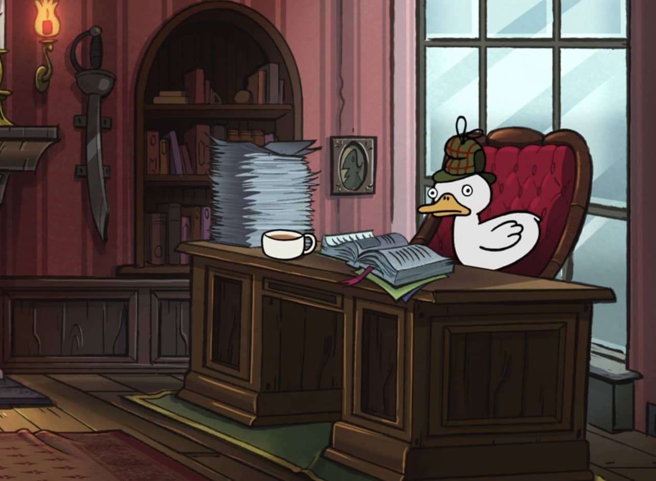 a duck with a detective hat sits at a desk with a pile of papers