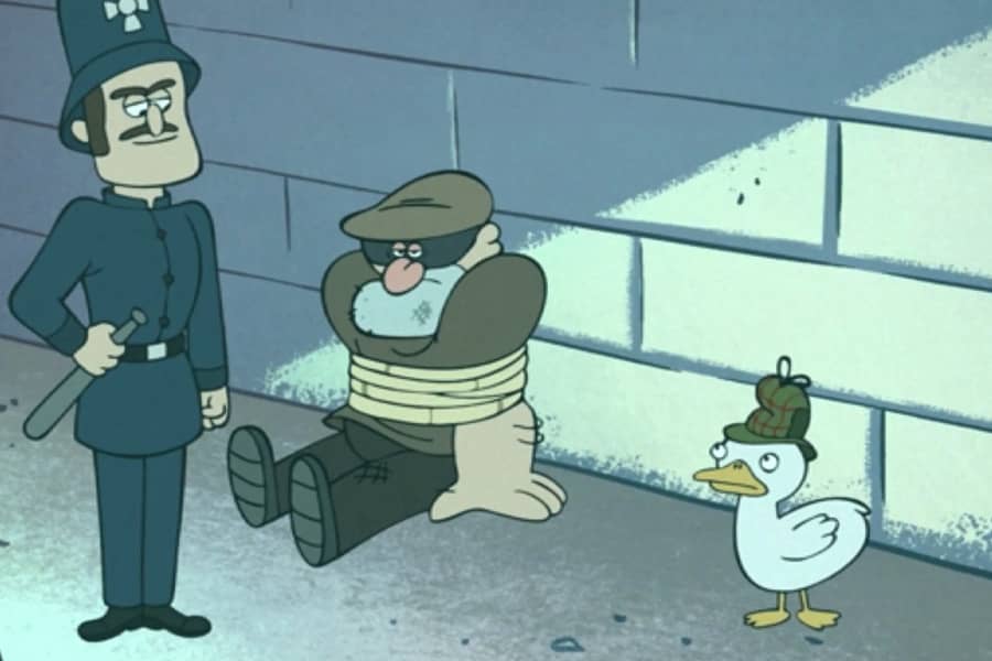 the Constable and Duck-tective with a criminal tied up