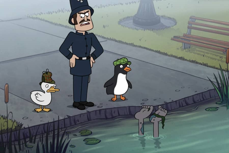 the Constable, Duck-tective, and penguin find a dead body in the river