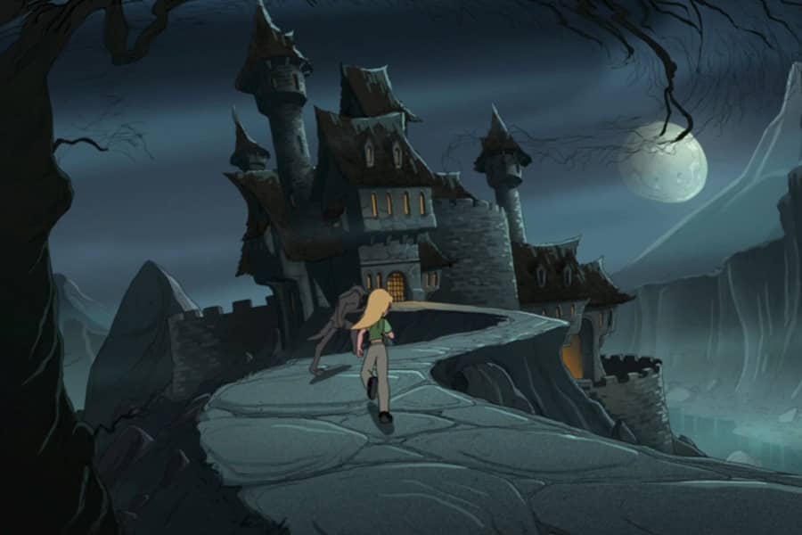 Michael and Kristen running toward a creepy vampire castle