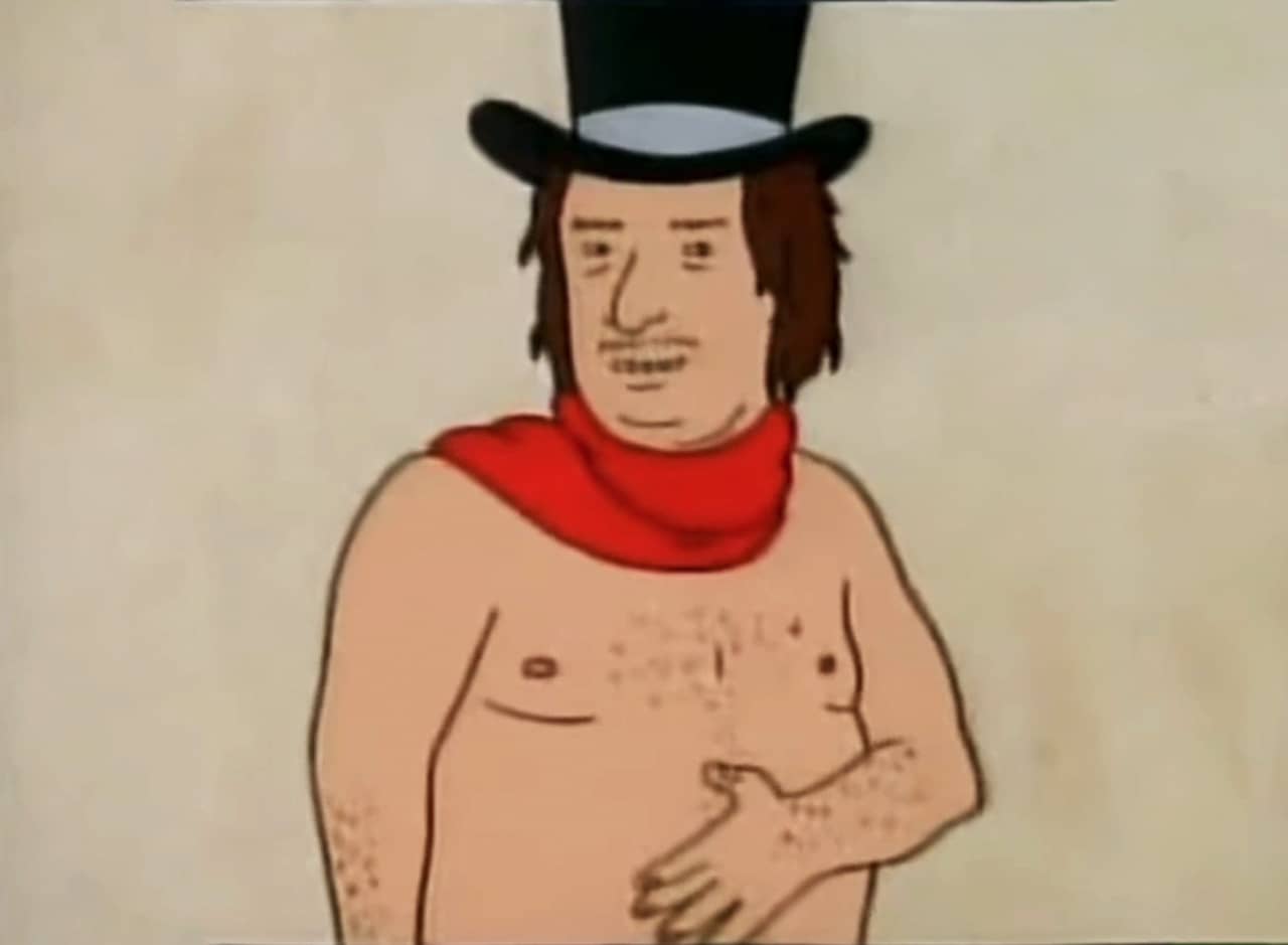 Bob Scratchit as Ebenezer Screw, shirtless and wearing a top hat and red scarf