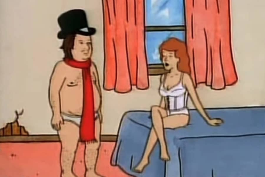 Ebenezer Screw standing in a bedroom with a lady in lingerie sitting on the bed