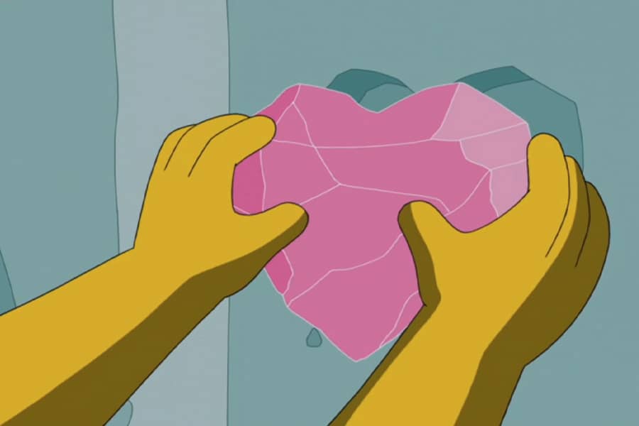 Krusty brings s crystal heart to a shrine of crystals