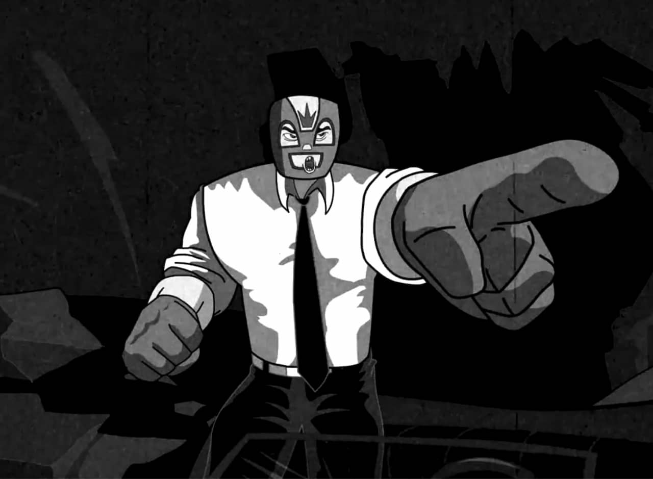 El Rey, a man in a shirt, tie, and luchador mask