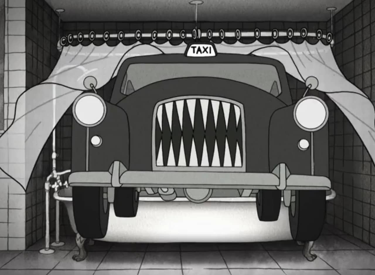 an evil taxi with large sharp teeth springs from behind a shower curtain