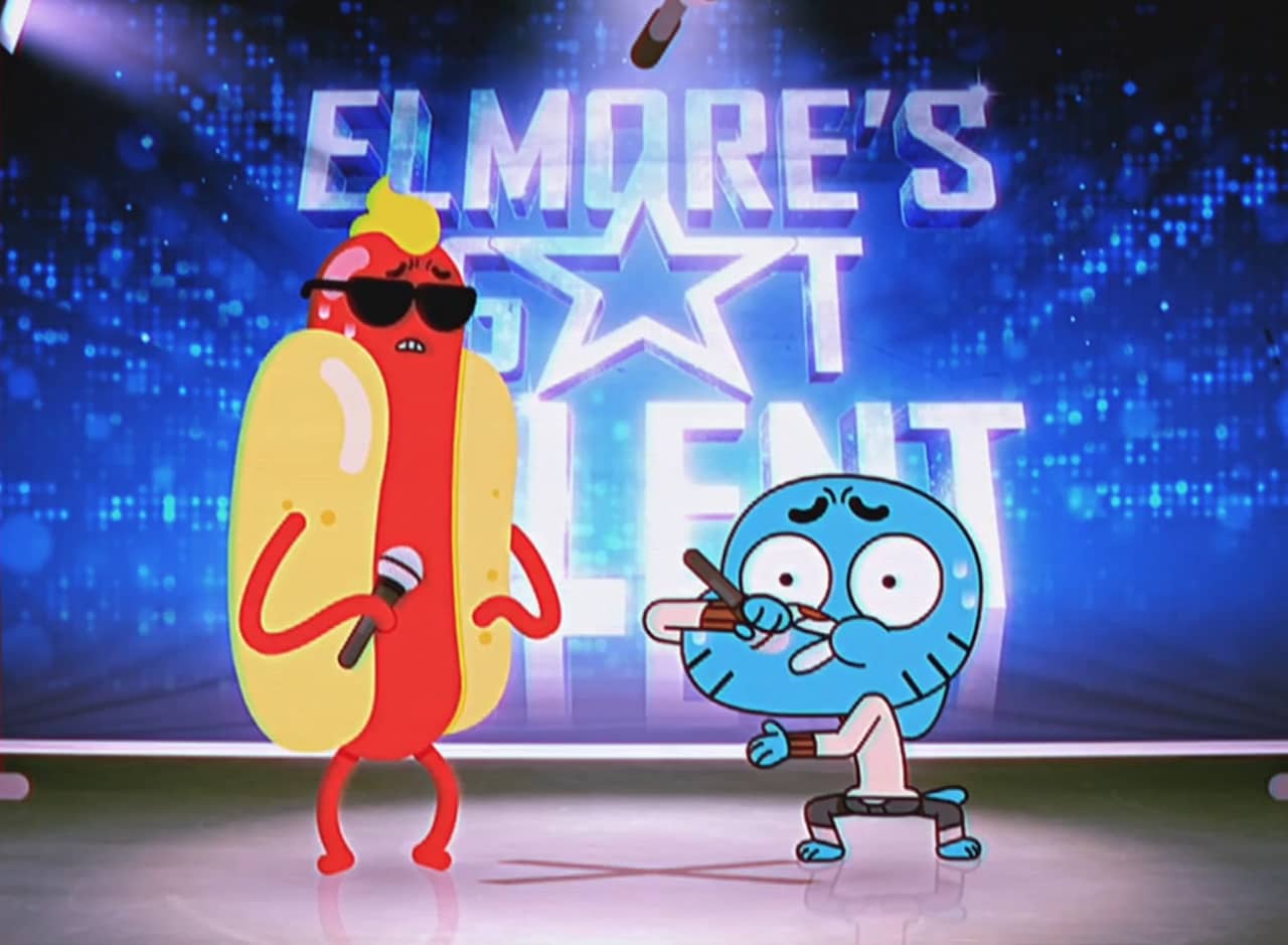 Gumball and Hot Dog Guy performing a rap during an audition