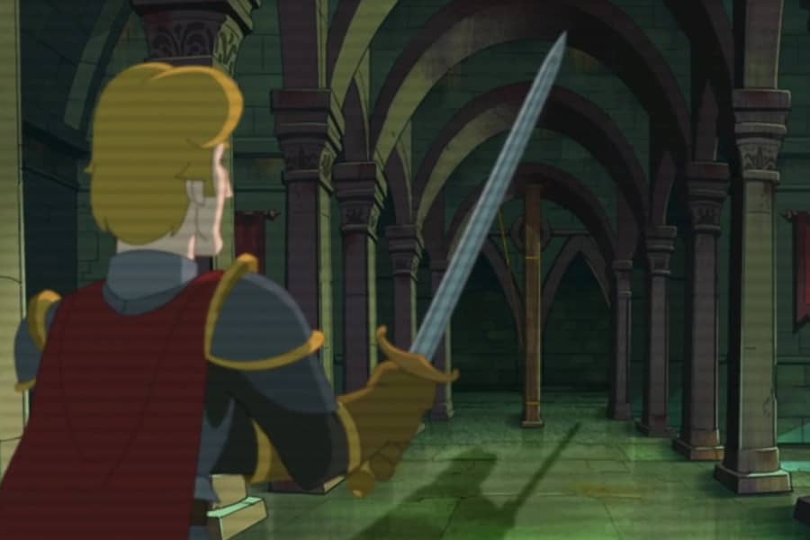knight walks down a dark castle
