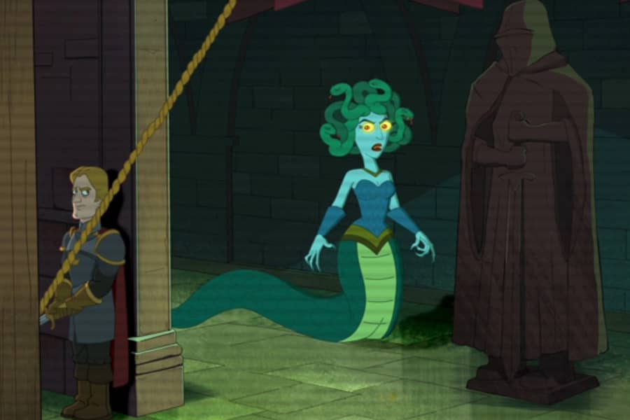 Medusa approaches a trap with the knight holding a rope