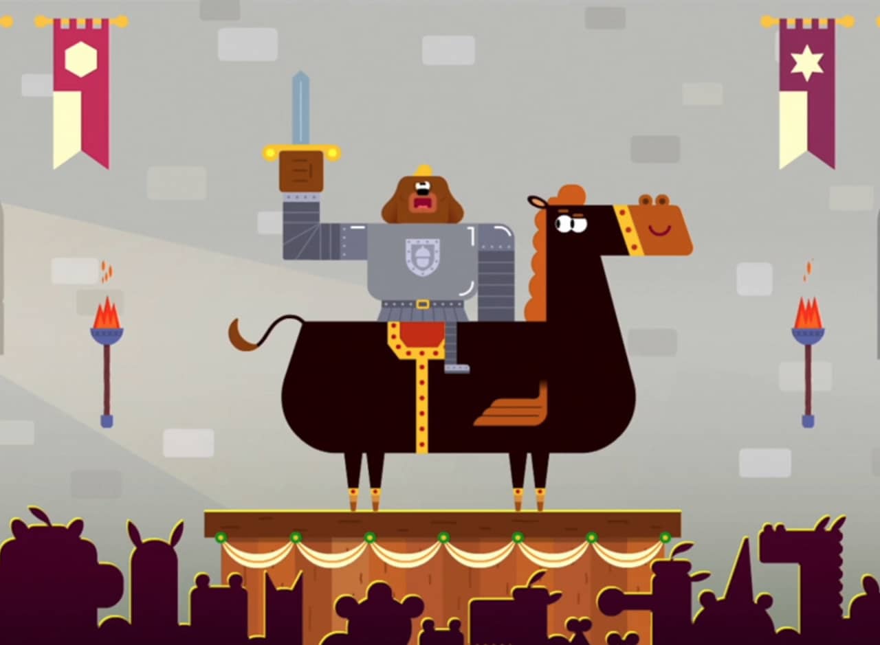 bear knight holding a sword on a horse as a crowd watches