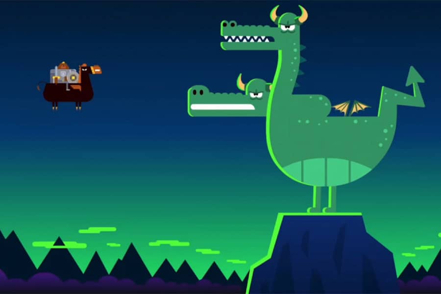 knight flying toward a double headed dragon