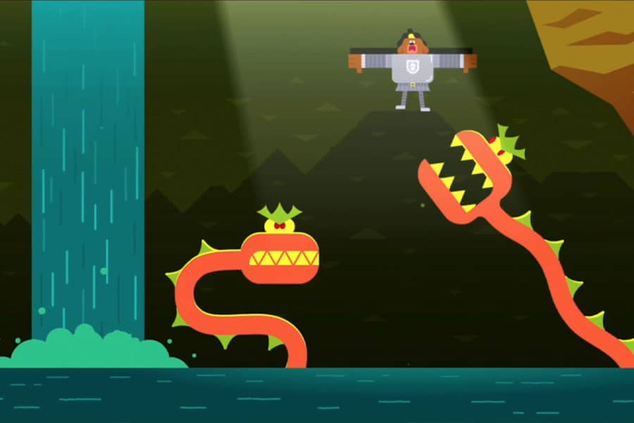 sea monsters trying to bite at the knight in the air