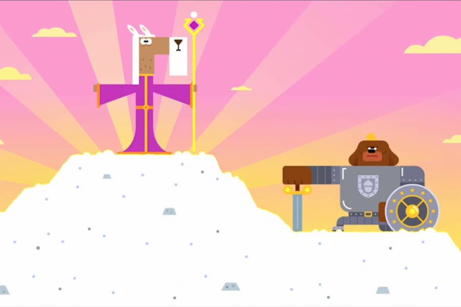 knight meeting a wizard atop a snowy hill
