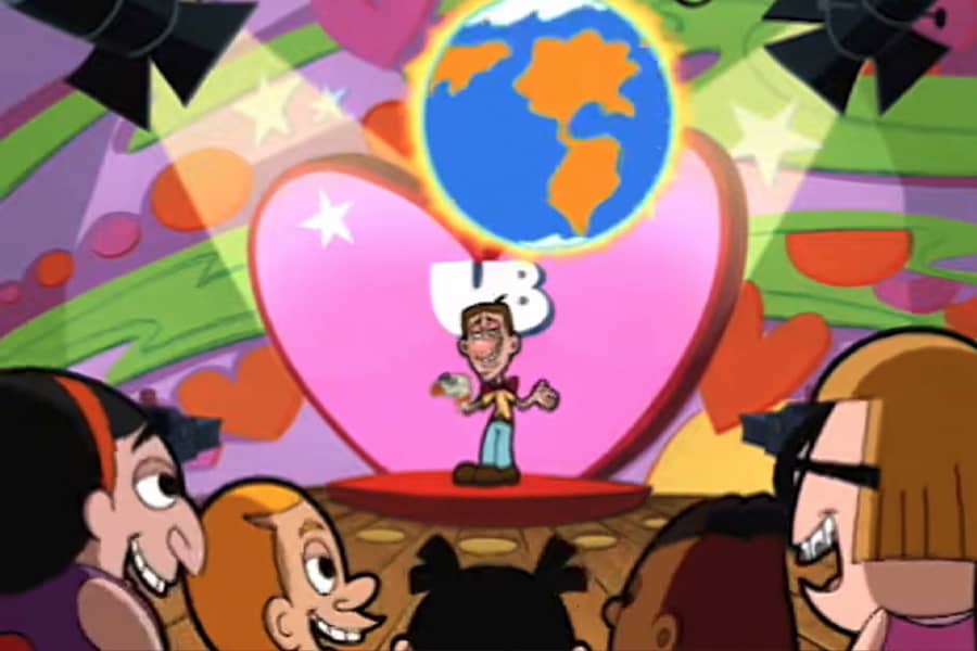 a globe is spinning above Uncle Bob on set
