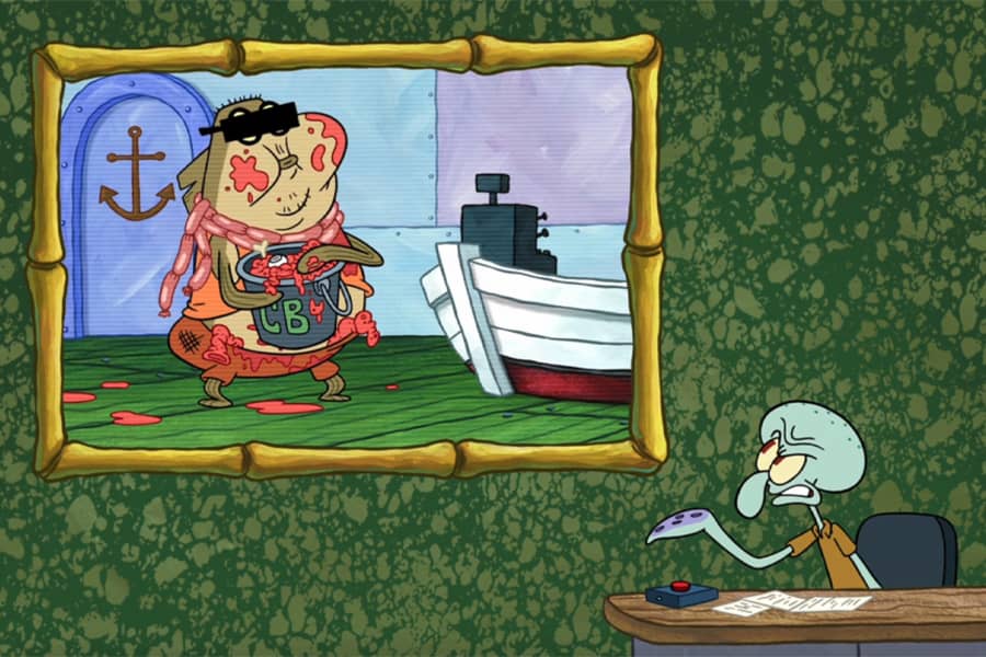 Squidward looking up at a big photo of a guy eating out of a chum bucket and covered in food