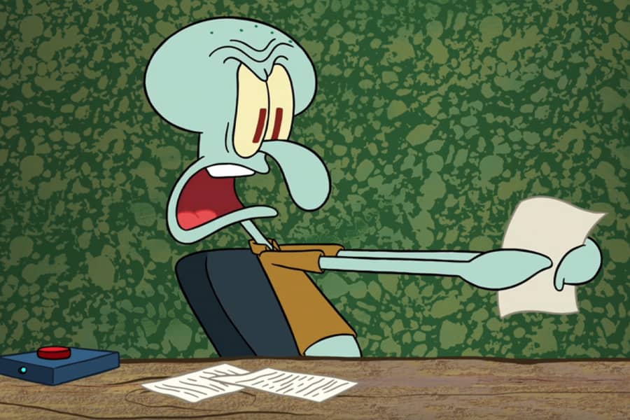 Squidward screaming while reading a piece of paper