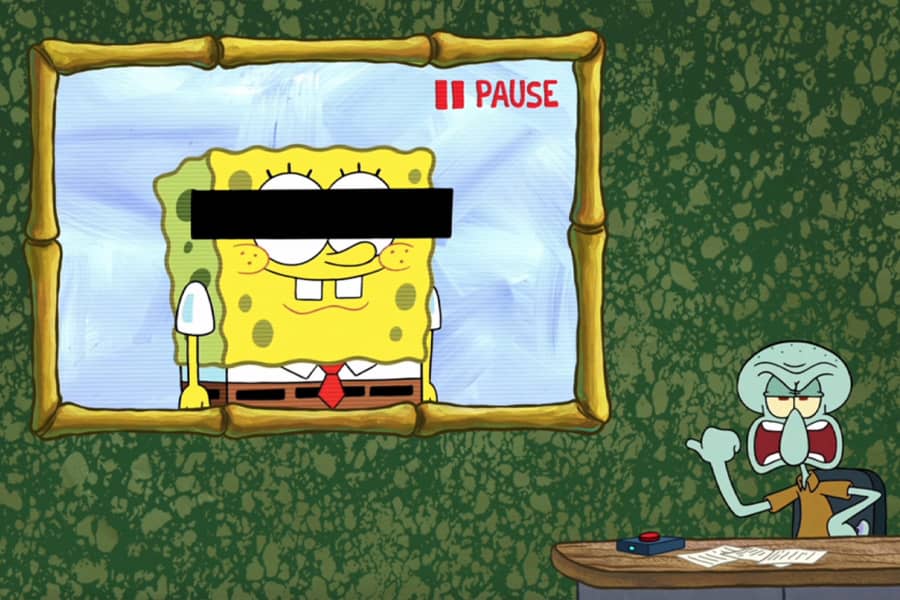 Squidward annoyed pointing at a picture of SpongeBob with eyes redacted