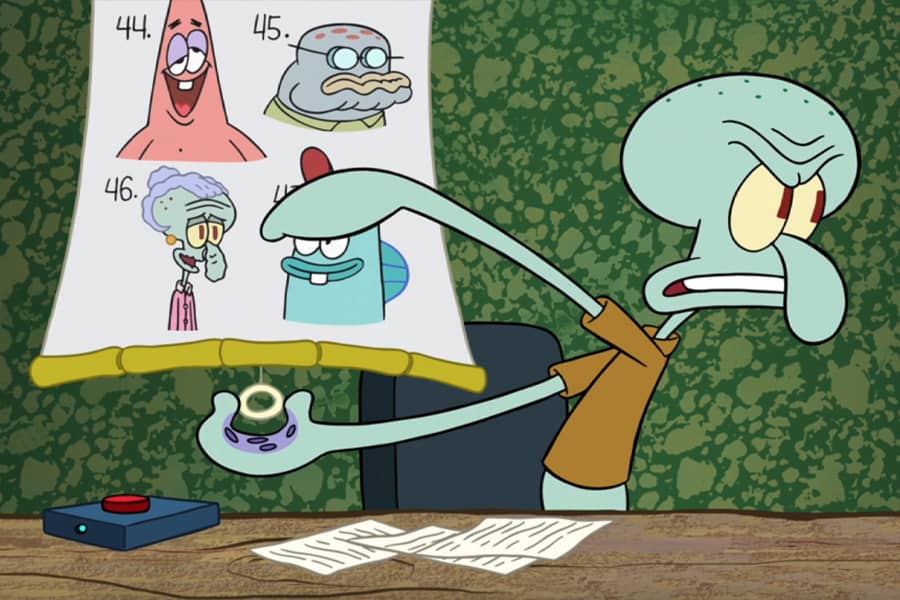 Squidward pointing at a pulldown graphic of four people