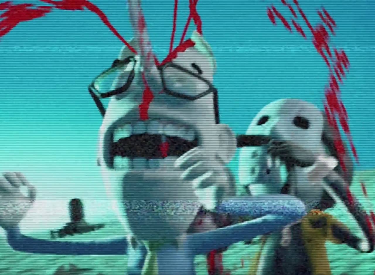 guy in a hockey mask slicing another guy in half with a chainsaw