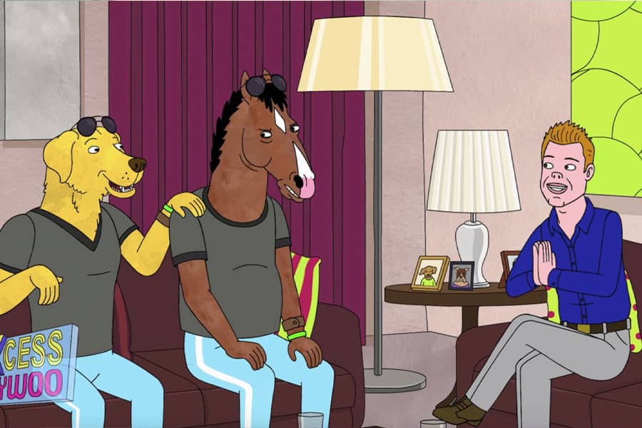 A Ryan Seacrest Type interviewing Bojack Horseman and Mr. Peanutbutter